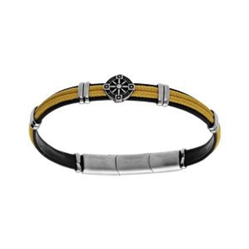 Bracelet Acier Et Cuir Noir Bovin Cordon Jaune Et Motif Roue 20+1cm Double Fermoir
