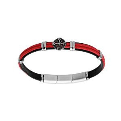 Bracelet Acier Et Cuir Bovin Noir Cordon Rouge Et Motif Roue 20+1cm Double Fermoir