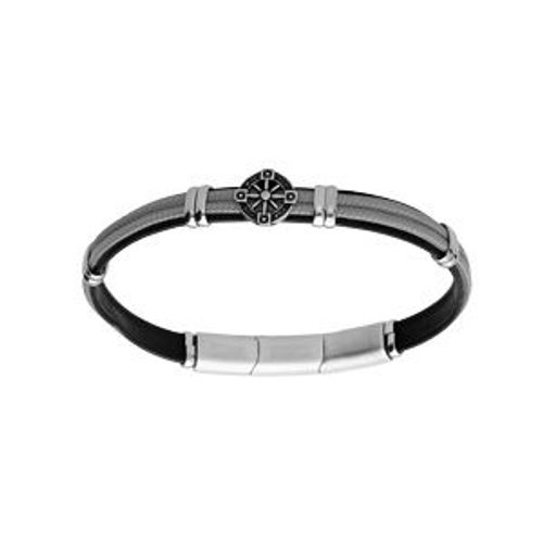 Bracelet Acier Et Cuir Bovin Noir Cordon Gris Et Motif Roue 20+1cm Double Fermoir