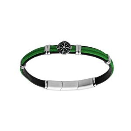 Bracelet Acier Et Cuir Bovin Noir Cordon Vert Et Motif Roue 20+1cm Double Fermoir
