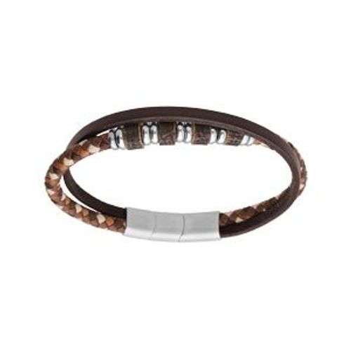 Bracelet Acier Et Cuir Bovin Véritable Noir Avec Cordon Tresse Marron Et Multi Rondelles 20+1cm Double Fermoir