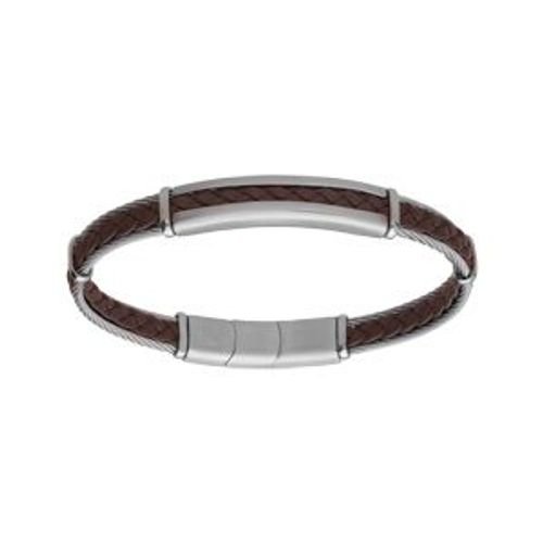 Bracelet Acier Et Câble Cuir Bovin Véritable Tresse Marron 20+1cm Double Fermoir