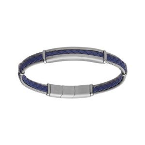 Bracelet Acier Et Câble Cuir Bovin Véritable Tresse Bleu 20+1cm Double Fermoir