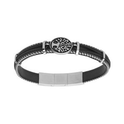 Bracelet Acier Et Cuir Bovin Véritable Noir Motif Arbre De Vie 20.5+1cm Double Fermoir