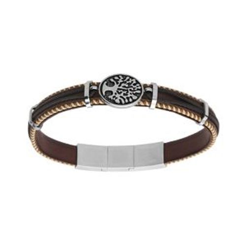 Bracelet Acier Et Cuir Bovin Véritable Marron Et Bleu Motif Arbre De Vie 20.5+1cm Double Fermoir