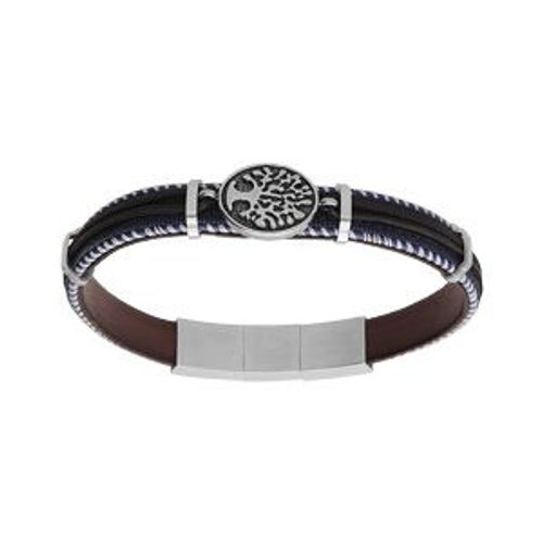 Bracelet Acier Et Cuir Bovin Véritable Marron Et Tissu Bleu Motif Arbre De Vie 20.5+1cm Double Fermoir