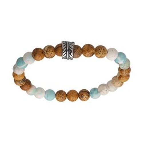 Bracelet Acier Junior Boule Aspect Bois Et Howlite Véritable Et Turquoise Imitation Avec Motif