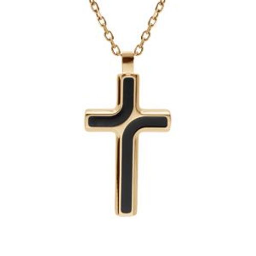 Collier Acier Et Pvd Jaune Chaîne Forcat Avec Pendentif Croix 35 X 25mm Et Résine Noire 55+5cm