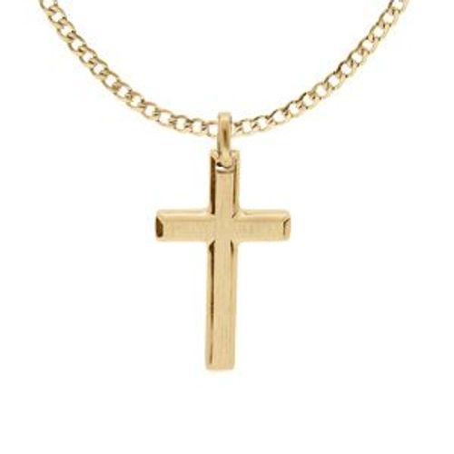 Collier Acier Et Pvd Jaune Chaîne Gourmette Avec Pendentif Croix 33 X 17mm 55+5cm