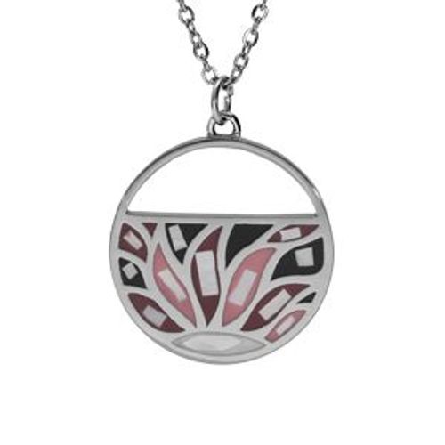 Collier Acier Pendentif Rond Résine Et Nacre Blanche Et Rose 45+5cm