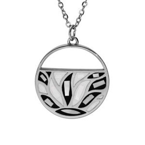 Collier Acier Pendentif Rond Résine Et Nacre Blanche Et Noire 45+5cm