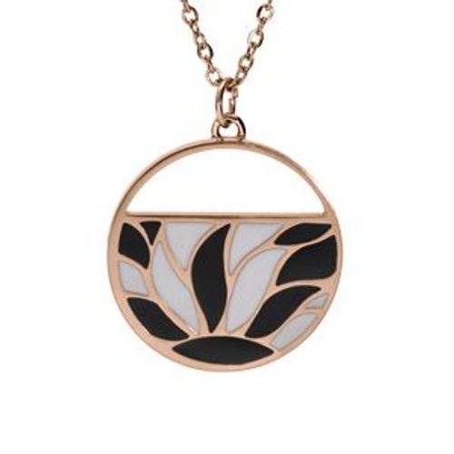 Collier Acier Et Pvd Rose Pendentif Rond Avec Résine Blanche Et Noire 45+5cm