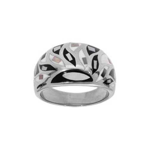 Bague Acier Bombée Résine Et Nacre Blanche Et Noire