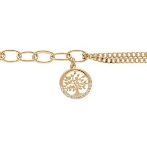 Bracelet Plaqué Or Double Chaîne Pampille Arbre De Vie Oxydes Blancs Serts 17+3cm