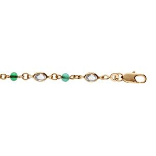 Bracelet Plaqué Or Tutti Frutti Navette Transparente Et Perle Verte 16+3cm