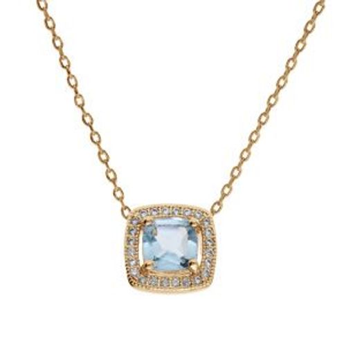 Collier Plaqué Or Massif Pierre Carré Topaze Bleue Véritable Contour Oxydes Blancs Sertis 40+5cm