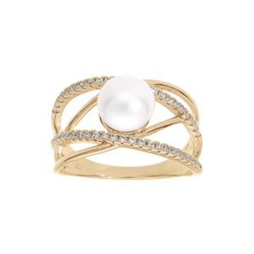 Bague Plaqué Or Croisée Oxydes Blancs Sertis Et Perle Blanche Eau Douce