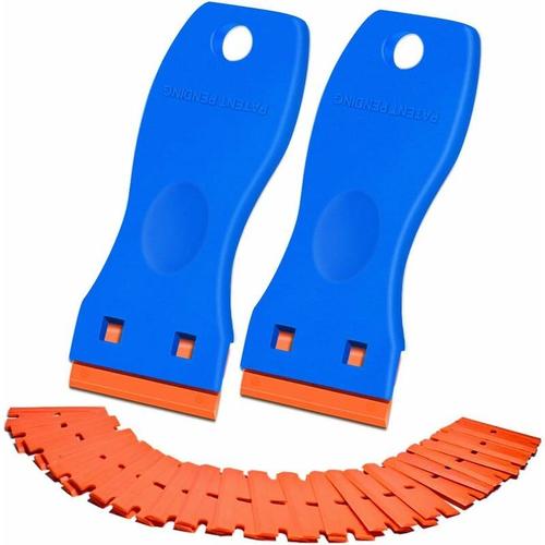 Grattoir Plaque Induction, 2 pcs Grattoir Vitre + 100 Lames Rechange, Raclette Vitroceramique Grattoir Peinture, Soft-Touch Lame Grattoir Poele Vitroceramique (Bleu) Guazhuni