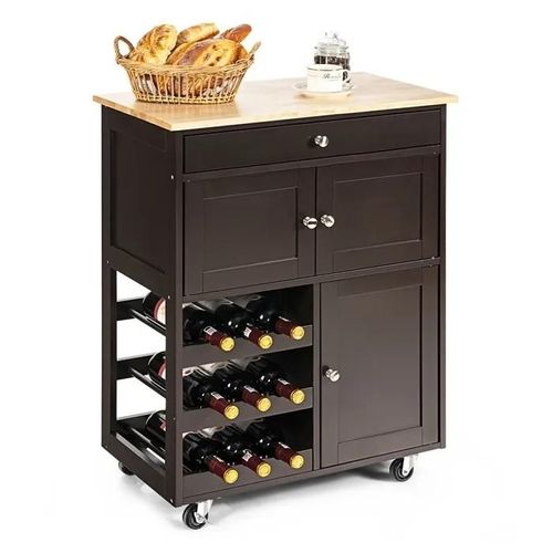 Costway Desserte De Cuisine À Roulettes Avec Plateau En Bois D'hévéa, Tiroir, Porte-Bouteilles À 3 Niveaux Et 2 Placards, Marron
