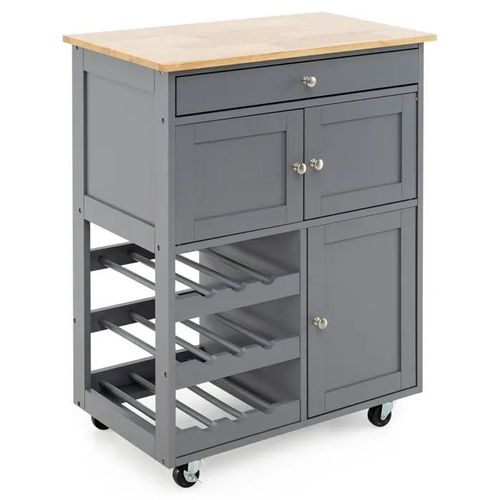 Costway Desserte De Cuisine À Roulettes Avec Plateau En Bois D'hévéa, Tiroir, Porte-Bouteilles À 3 Niveaux Et 2 Placards, Gris