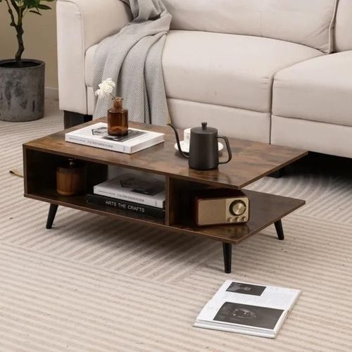 Costway Table Basse Salon À 2 Niveaux Avec Étagère Ouverte, Table Basse Moderne Rectangulaire Avec Pieds En Métal, Brun Rustique