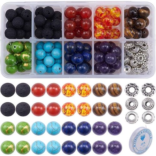 200pcs + 6mm Natural 7 Chakra Lava Stone Round Loose Beads Spacer Kit With Crystal Strings For Essential Oil Jewellery Making