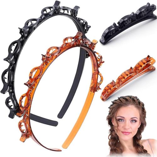 Serre-Tête Femme 4 Pièces Avec Pinces-2 Bandes & 2 Barrettes Pour Coiffure Sport/Maquillage (Noir,Marron,Ambre)