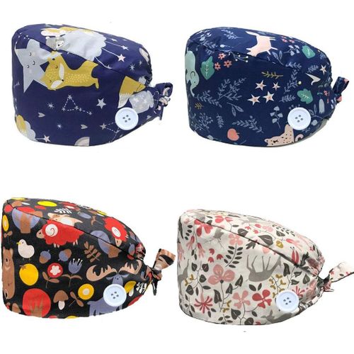 4 Pièces Calot Chirurgien Unisexe Ajustable Casquette Femme Casquettes De Travail Réglable Respirants Coton Bonnet Imprimées Chapeaux.[P517]