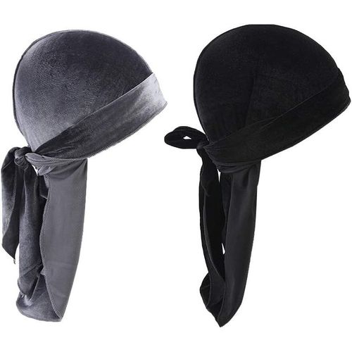 Lot De 2 Bandanas En Velours Durag Pour Homme Et Femme-Longue Queue-Pour 360 Vagues (Gris + Noir)