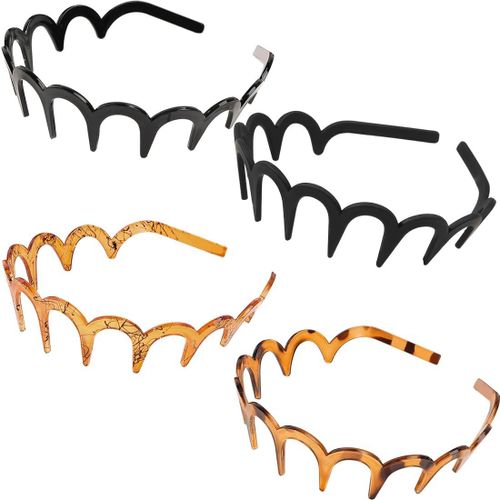 Serre-Tête Femme 4 Pièces Ondulé À Dents-Pour Sport,Soins Visage & Voyage (Noir,Marron,Gris Effet Serpent)