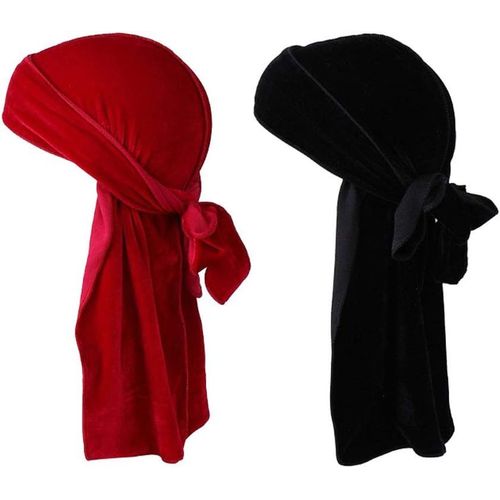 Lot De 2 Bandanas En Velours Durag Pour Homme Et Femme-Longue Queue-Pour 360 Vagues-Rouge + Noir