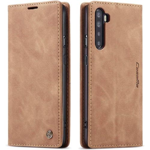 Coque Compatible Avec Oneplus Nord Anti-Choc Housse En Cuir Premium Flip Case Portefeuille Etui Marron