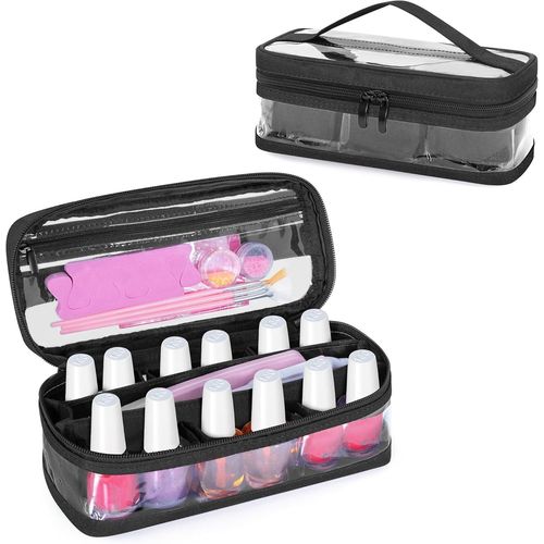 Sac De Rangement Vernis À Ongle Transparent Pour 12 Bouteilles (15 Ml-0,5 Fl.Oz),Boite Rangement Vernis Ongle Pvc Avec Pochettes Intérieures Amovibles (Sac Uniquement),Noir (Breveté) 