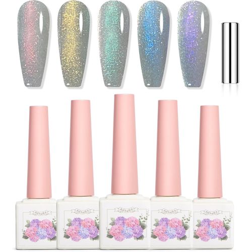 Adhere 5pcs 12ml Glitter Cat Eye Uv Led Gel Vernis À Ongles Set,Reflective Glitter Cat Eye,Scintillant Diamant Magnétique Scintillant Rainbow Gem Avec Aimant Brillant Couleur 