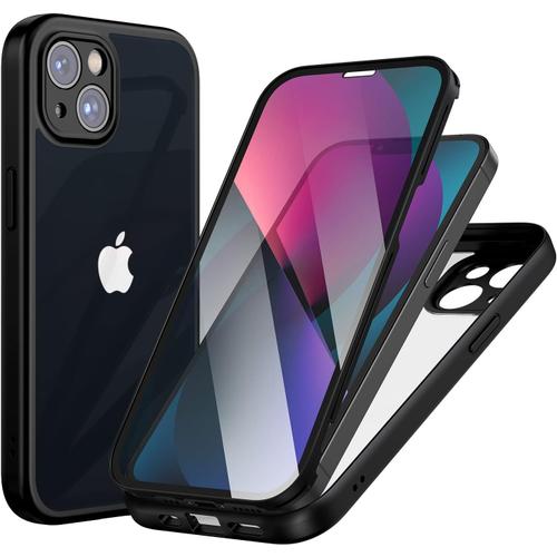 Coque Iphone 13 Antichoc Housse Avec Protection D'écran Verre Trempé 9h Intégré 360 Degrés Protection Case Robuste Double Face Bumper Transparent Etui Intégrale Coque Pour Iphone 13 Noir