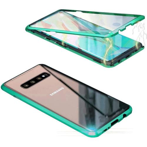 Coque Magnétique Pour Samsung Galaxy S10 Plus Adsorption Magnétique Housse 360 Degrés Antichoc Avant Et Arrière Transparent Verre Trempé Métal Frame Cover Case Vert
