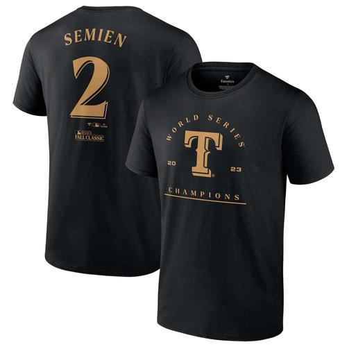 T-Shirt Noir Avec Nom Et Numéro Des Champions De La Série Mondiale 2023 Des Texas Rangers Marcus Semien De Marque Fanatics Pour Hommes