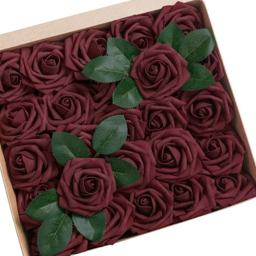 Roses de fleurs artificielles, 25 pièces de roses en mousse au toucher réel avec tiges pour bouquets de mariée de mariage, arrangement de fleurs à faire soi-même, fête, baby shower, centre de table rouge vin