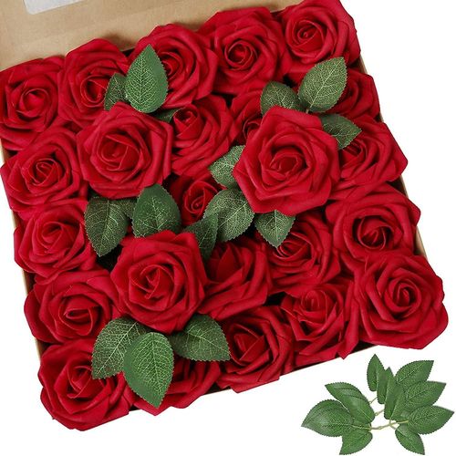 Roses de fleurs artificielles, 25 pièces de roses en mousse au toucher réel avec tiges pour bouquets de mariée de mariage, arrangement de fleurs à faire soi-même, fête, baby shower, centre de table rouge