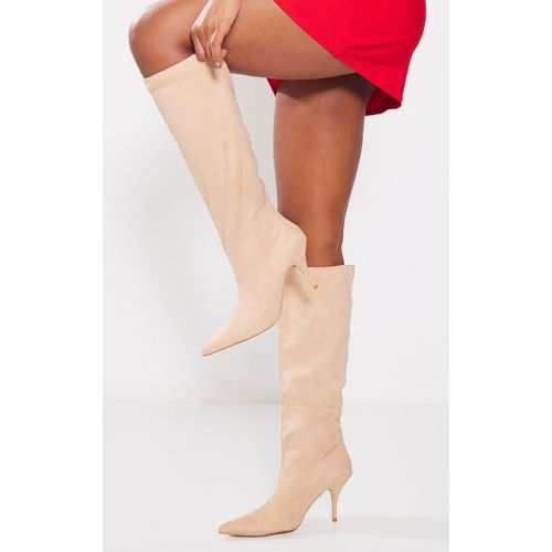 Bottes Hautes En Suédine Beige À Talon Moyen Et Bout Pointu, Beige - 36
