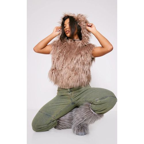 Veste Sans Manches En Fausse Fourrure Taupe À Capuche, Taupe