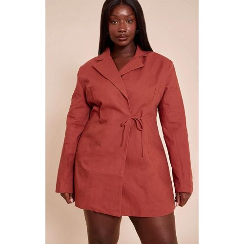 Plus Robe Blazer En Effet Lin Mélangé Rouille Nouée, Rouille