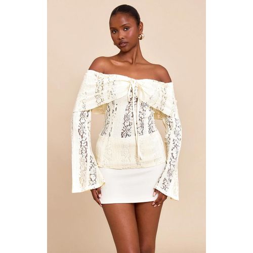 Top Ajusté En Dentelle Jaune Citron À Col Bardot Et Manches Évasées, Jaune Citron