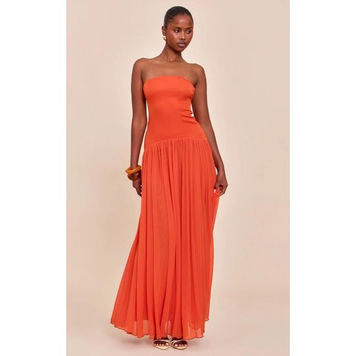 Robe Bustier Longue En Mousseline De Soie Orange Plissée, Orange
