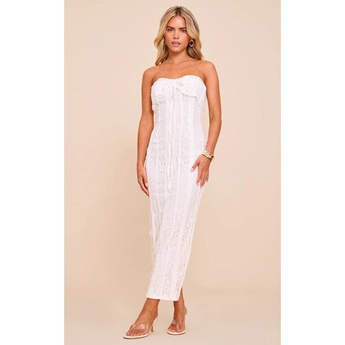 Petite Robe Bustier Longue Ajustée En Dentelle Blanche, Blanc