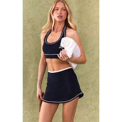 Mini Jupe-Short En Jersey Bleu Marine À Lisérés Contrastants, Bleu Marine