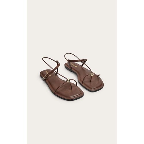 Sandales Style Tongs Plates Carrées En Pu Chocolat À Empiècement Doré, Chocolat - 41