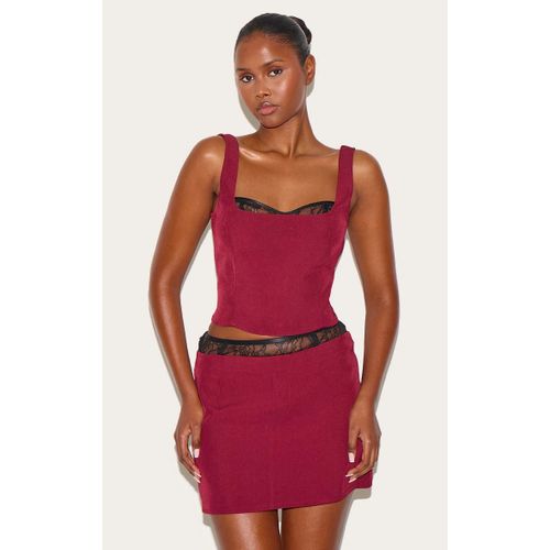 Crop Top Tissé Bordeaux À Détail En Dentelle, Bordeaux
