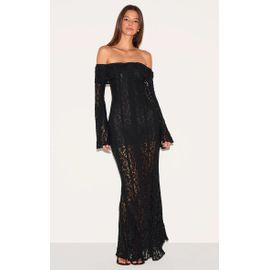 Robe Longue En Dentelle Noire À Col Replié, Noir
