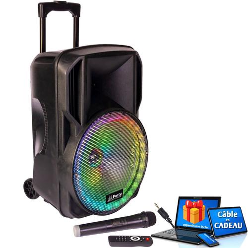 Enceinte portable 15"/38 cm - PARTY 800W - USB/BLUETOOTH/FM/MICRO VHF - PARTY-15LED, Câble PC ORDI - Soirée Fête Anniversaire